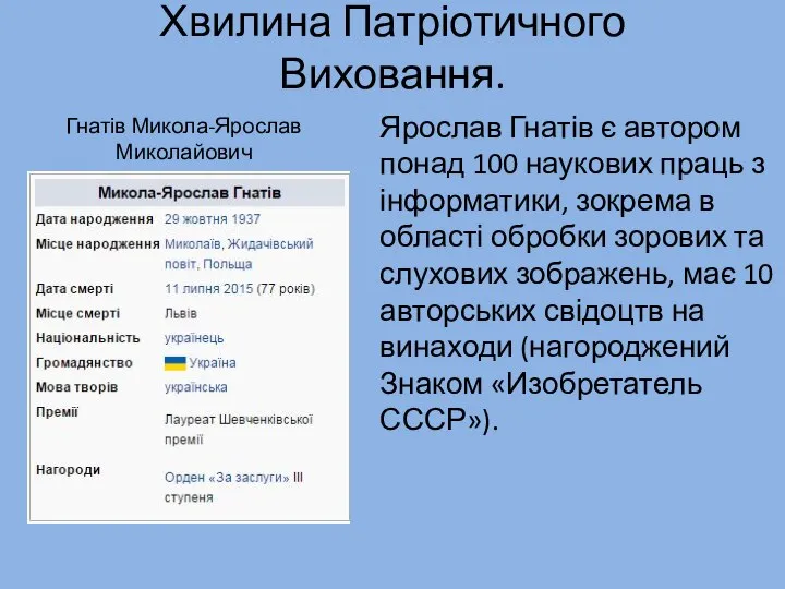 Хвилина Патріотичного Виховання. Ярослав Гнатів є автором понад 100 наукових праць з