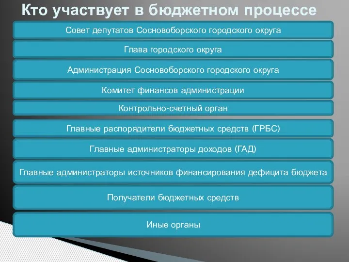 Кто участвует в бюджетном процессе Совет депутатов Сосновоборского городского округа Главные администраторы