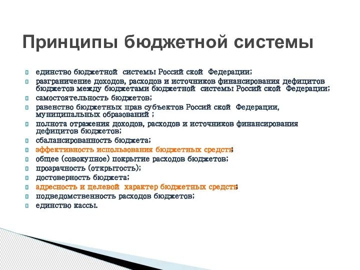 единство бюджетной системы Российской Федерации; разграничение доходов, расходов и источников финансирования дефицитов