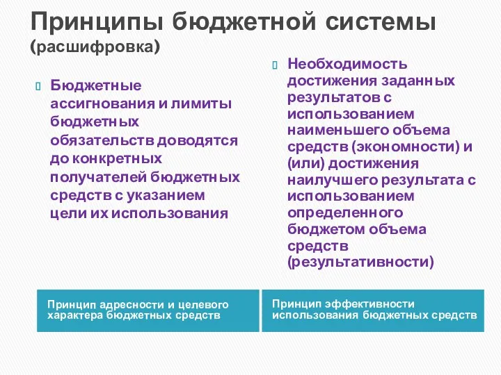 Принципы бюджетной системы (расшифровка) Принцип эффективности использования бюджетных средств Принцип адресности и