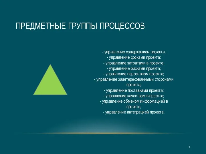 ПРЕДМЕТНЫЕ ГРУППЫ ПРОЦЕССОВ - управление содержанием проекта; - управление сроками проекта; -