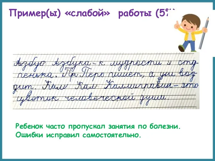 Пример(ы) «слабой» работы (5%) Ребенок часто пропускал занятия по болезни. Ошибки исправил самостоятельно.