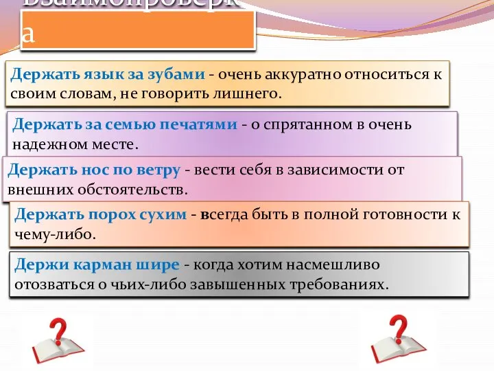 Взаимопроверка Держать язык за зубами - очень аккуратно относиться к своим словам,