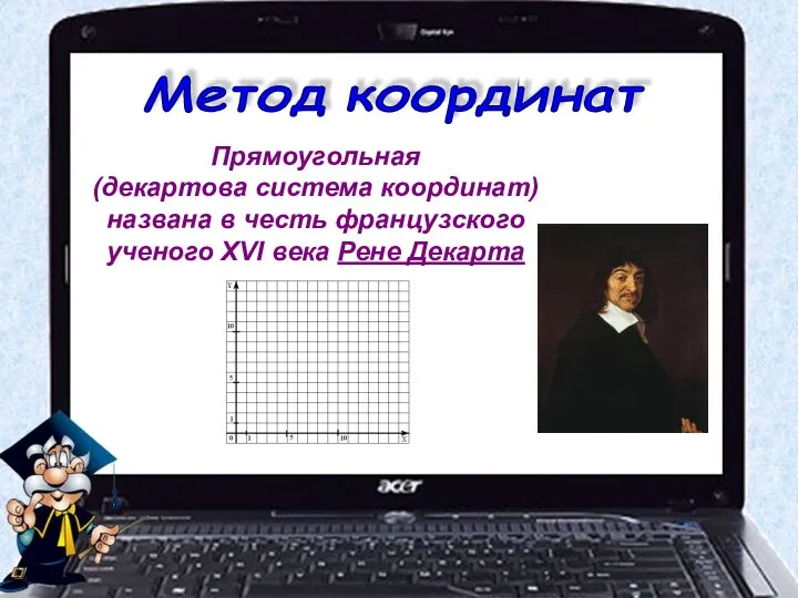 Прямоугольная (декартова система координат) названа в честь французского ученого XVI века Рене Декарта Метод координат