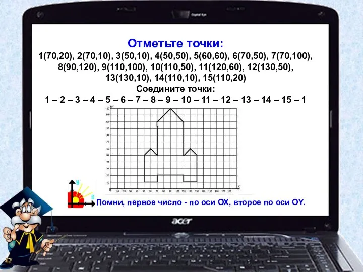 Отметьте точки: 1(70,20), 2(70,10), 3(50,10), 4(50,50), 5(60,60), 6(70,50), 7(70,100), 8(90,120), 9(110,100), 10(110,50),