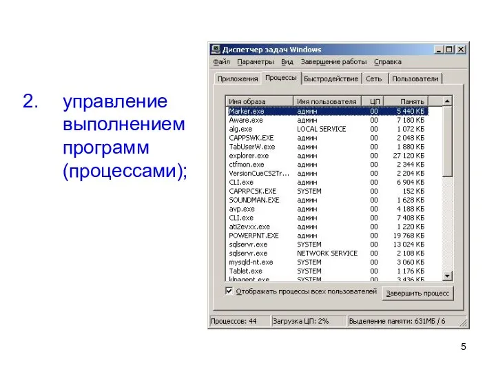управление выполнением программ (процессами);