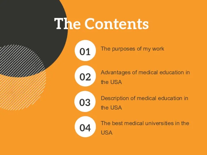 The Contents Advantages of medical education in the USA 01 Description of