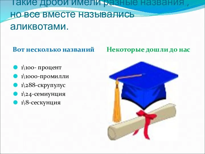 Такие дроби имели разные названия , но все вместе назывались аликвотами. Вот