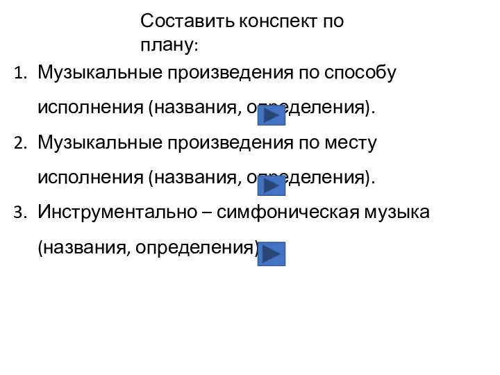 Составить конспект по плану: Музыкальные произведения по способу исполнения (названия, определения). Музыкальные