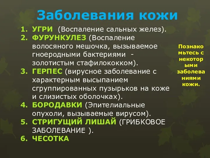 Заболевания кожи УГРИ (Воспаление сальных желез). ФУРУНКУЛЕЗ (Воспаление волосяного мешочка, вызываемое гноеродными