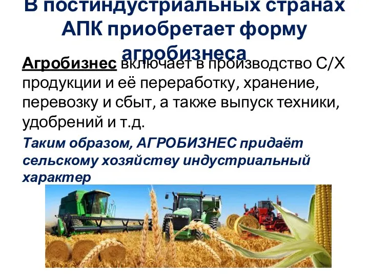 В постиндустриальных странах АПК приобретает форму агробизнеса Агробизнес включает в производство С/Х