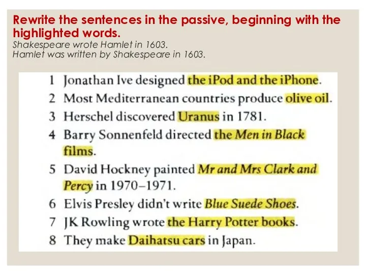 Rewrite the sentences in the passive, beginning with the highlighted words. Shakespeare