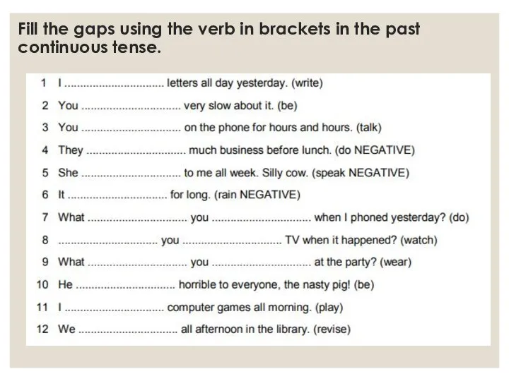 Fill the gaps using the verb in brackets in the past continuous tense.