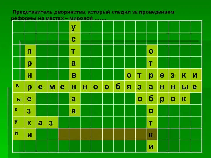 Представитель дворянства, который следил за проведением реформы на местах – мировой …….