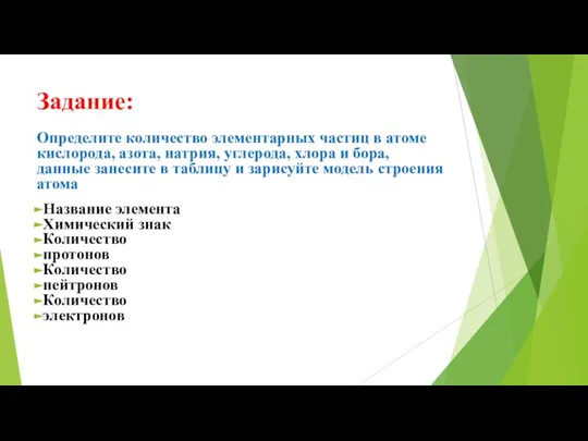 Задание: Определите количество элементарных частиц в атоме кислорода, азота, натрия, углерода, хлора