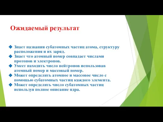 Ожидаемый результат Знает названия субатомных частиц атома, структуру расположения и их заряд.