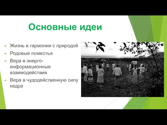 Основные идеи Жизнь в гармонии с природой Родовые поместья Вера в энерго-информационные