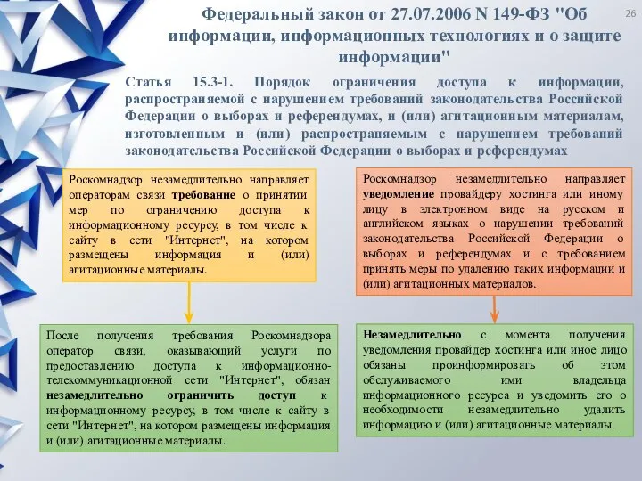 Роскомнадзор незамедлительно направляет уведомление провайдеру хостинга или иному лицу в электронном виде