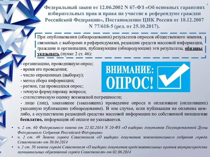 - организацию, проводившую опрос; - время его проведения; - число опрошенных (выборку);