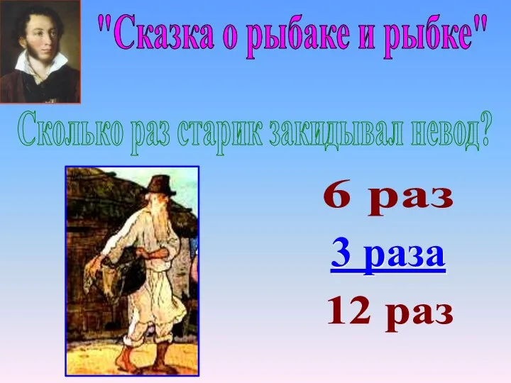 "Сказка о рыбаке и рыбке" 3 раза 12 раз 6 раз Сколько раз старик закидывал невод?