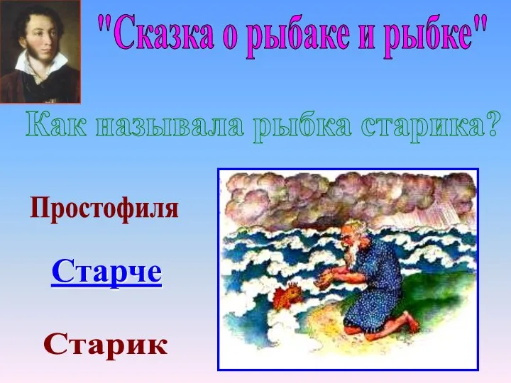 "Сказка о рыбаке и рыбке" Старче Старик Простофиля Как называла рыбка старика?