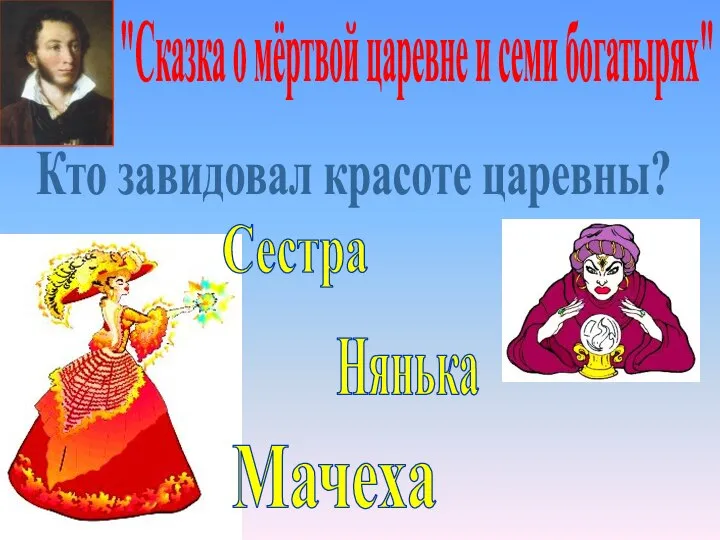 "Сказка о мёртвой царевне и семи богатырях" Кто завидовал красоте царевны? Сестра Нянька Мачеха