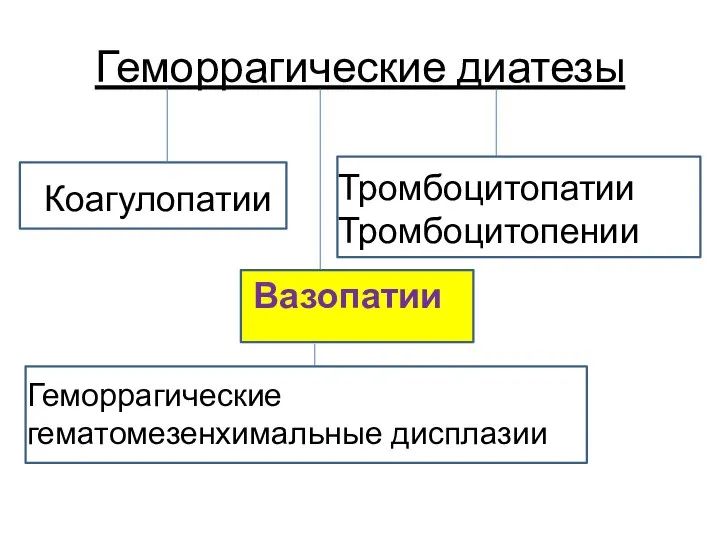 Геморрагические диатезы Коагулопатии Тромбоцитопатии Тромбоцитопении Вазопатии Геморрагические гематомезенхимальные дисплазии