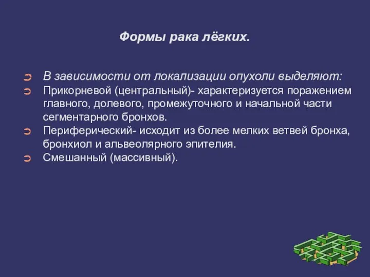 Формы рака лёгких. В зависимости от локализации опухоли выделяют: Прикорневой (центральный)- характеризуется