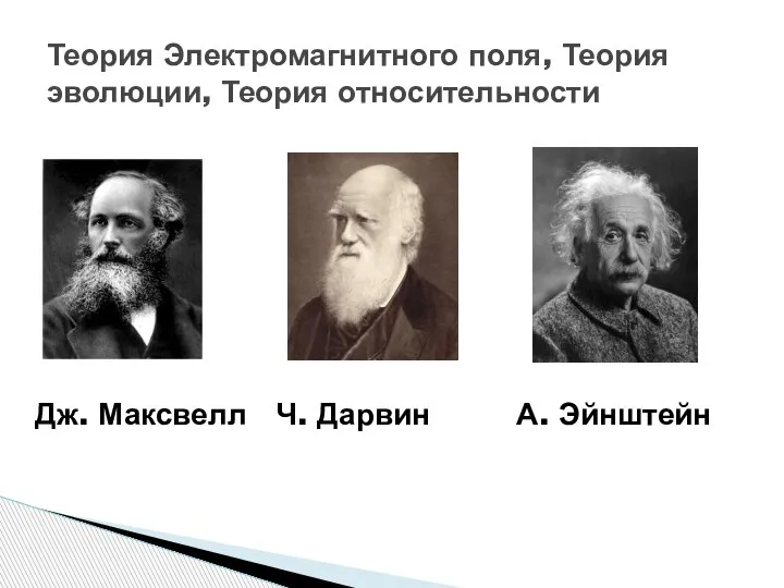 Теория Электромагнитного поля, Теория эволюции, Теория относительности Дж. Максвелл Ч. Дарвин А. Эйнштейн