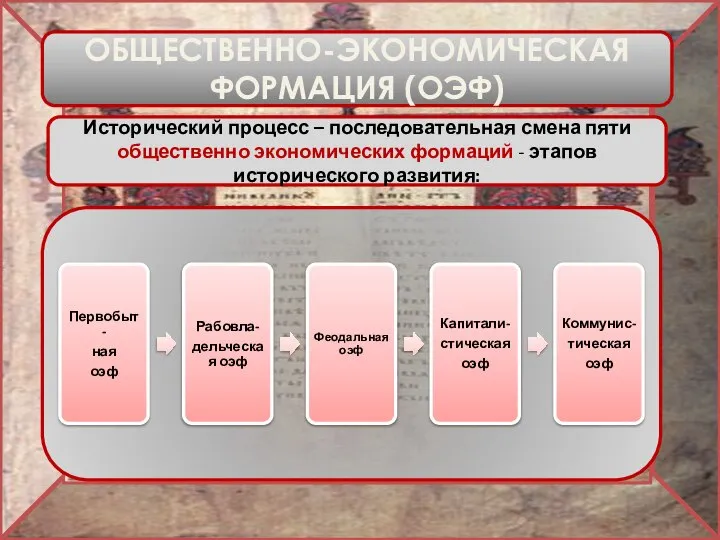 ОБЩЕСТВЕННО-ЭКОНОМИЧЕСКАЯ ФОРМАЦИЯ (ОЭФ) Исторический процесс – последовательная смена пяти общественно экономических формаций