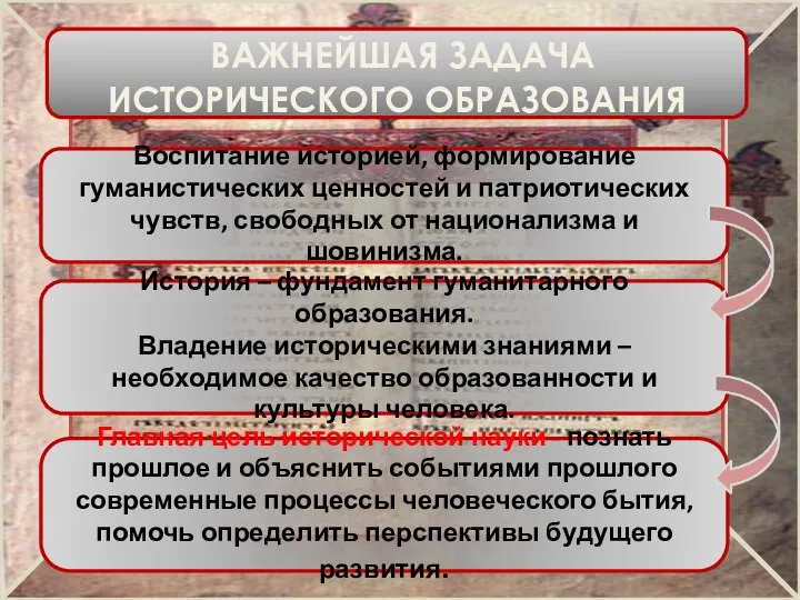 ВАЖНЕЙШАЯ ЗАДАЧА ИСТОРИЧЕСКОГО ОБРАЗОВАНИЯ Воспитание историей, формирование гуманистических ценностей и патриотических чувств,