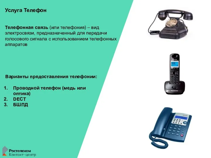 Услуга Телефон Телефонная связь (или телефония) – вид электросвязи, предназначенный для передачи
