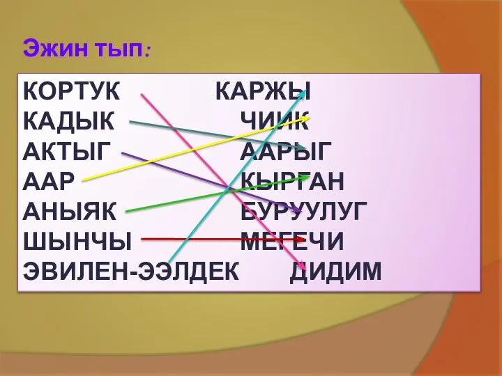 КОРТУК КАРЖЫ КАДЫК ЧИИК АКТЫГ ААРЫГ ААР КЫРГАН АНЫЯК БУРУУЛУГ ШЫНЧЫ МЕГЕЧИ ЭВИЛЕН-ЭЭЛДЕК ДИДИМ Эжин тып: