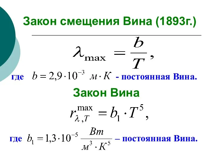 где - постоянная Вина. Закон Вина где – постоянная Вина. Закон смещения Вина (1893г.)