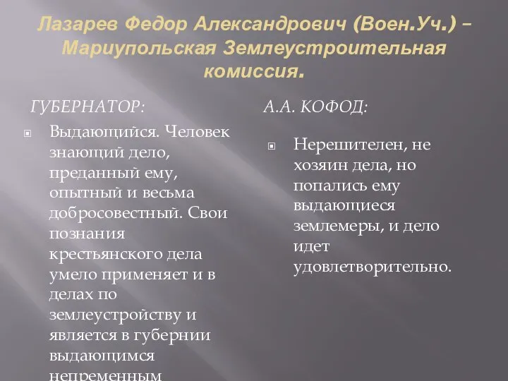 Лазарев Федор Александрович (Воен.Уч.) – Мариупольская Землеустроительная комиссия. ГУБЕРНАТОР: А.А. КОФОД: Выдающийся.