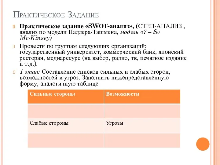 Практическое Задание Практическое задание «SWОТ-анализ», (СТЕП-АНАЛИЗ , анализ по модели Надлера-Ташмена, модель