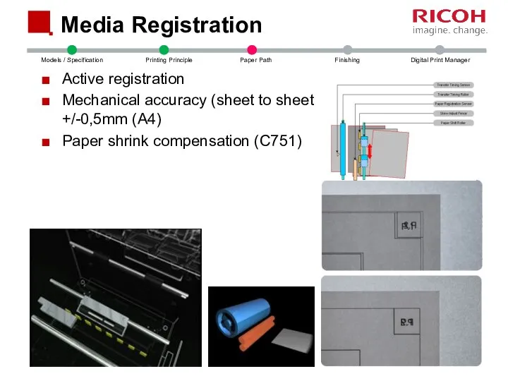 Media Registration Active registration Mechanical accuracy (sheet to sheet) +/-0,5mm (A4) Paper shrink compensation (C751)