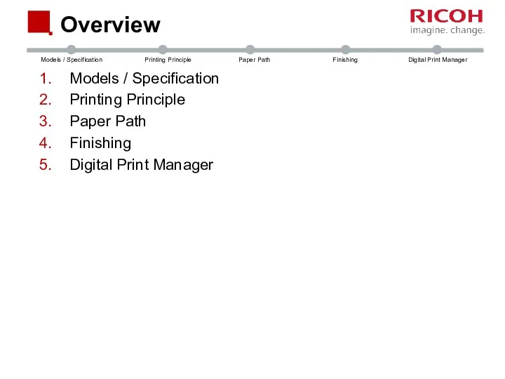 Overview Models / Specification Printing Principle Paper Path Finishing Digital Print Manager
