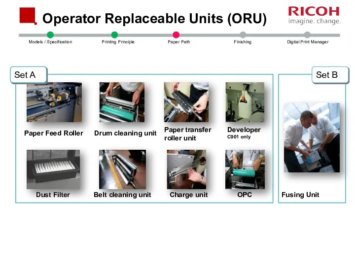 Operator Replaceable Units (ORU) Paper transfer roller unit Fusing Unit OPC Developer