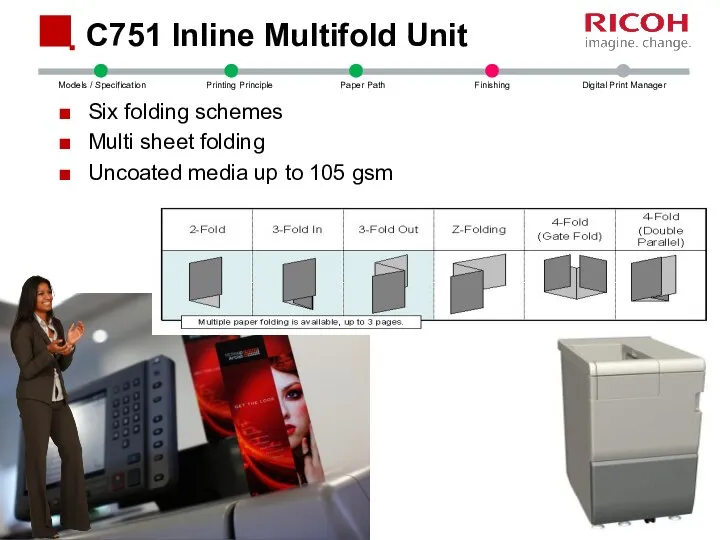 C751 Inline Multifold Unit Six folding schemes Multi sheet folding Uncoated media up to 105 gsm