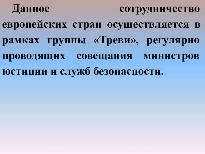 Данное сотрудничество европейских стран осуществляется в рамках группы «Треви», регулярно проводящих совещания