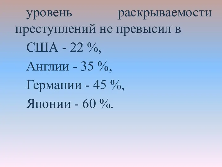 уровень раскрываемости преступлений не превысил в США - 22 %, Англии -