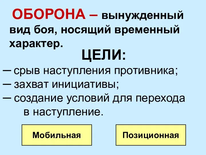 ОБОРОНА – вынужденный вид боя, носящий временный характер. ЦЕЛИ: срыв наступления противника;