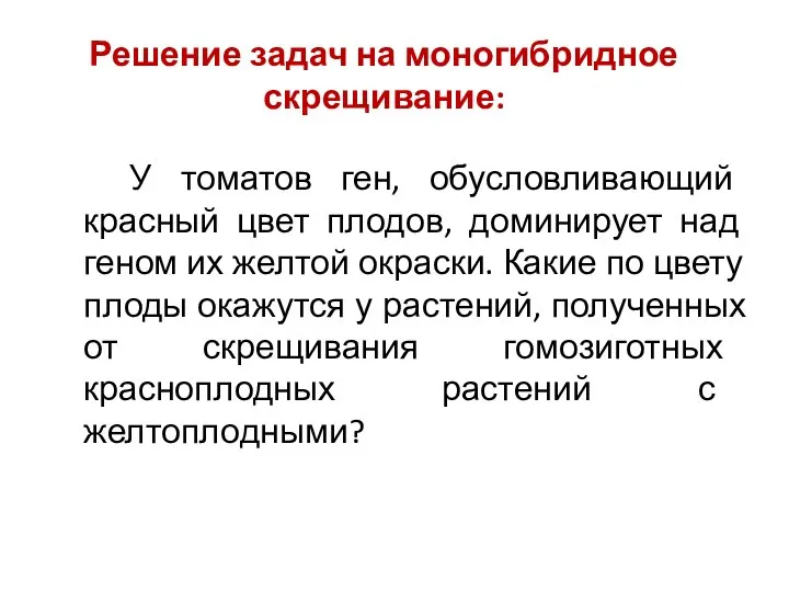 Решение задач на моногибридное скрещивание: У томатов ген, обусловливающий красный цвет плодов,