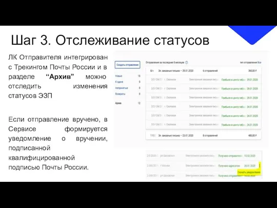 Шаг 3. Отслеживание статусов ЛК Отправителя интегрирован с Трекингом Почты России и