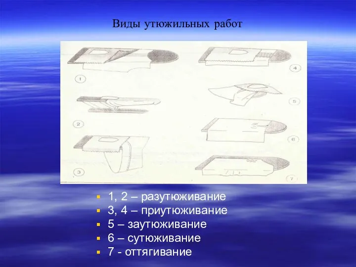 Виды утюжильных работ 1, 2 – разутюживание 3, 4 – приутюживание 5