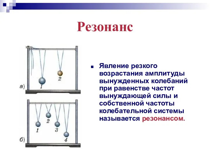 Резонанс Явление резкого возрастания амплитуды вынужденных колебаний при равенстве частот вынуждающей силы