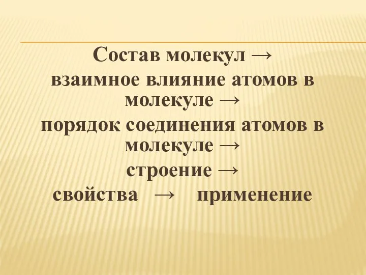 Состав молекул → взаимное влияние атомов в молекуле → порядок соединения атомов