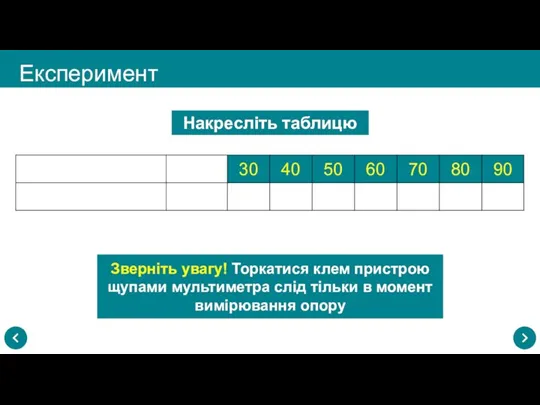 Експеримент Накресліть таблицю Зверніть увагу! Торкатися клем пристрою щупами мультиметра слід тільки в момент вимірювання опору