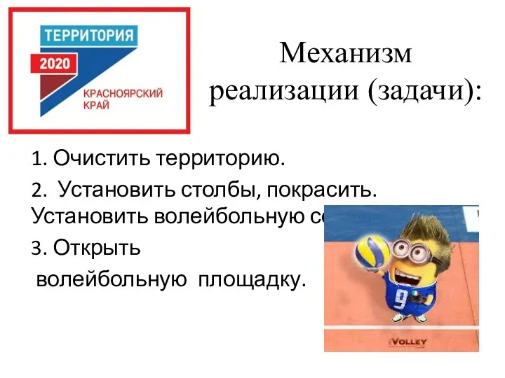 Механизм реализации (задачи): 1. Очистить территорию. 2. Установить столбы, покрасить. Установить волейбольную